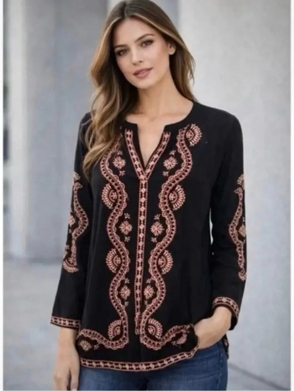 J. Jill Black Tunic with Pink Embroidered Detail